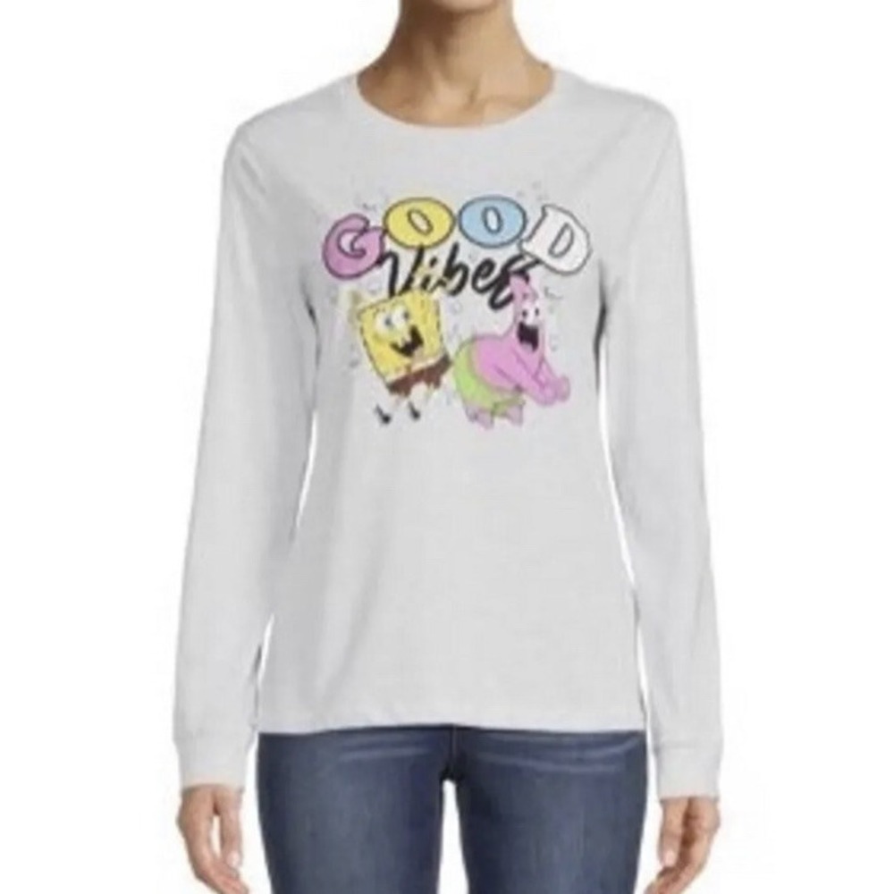 Nickelodeon SpongeBob Patrick Good Vibes Long Sleeve Tee Grey Women Small NEW